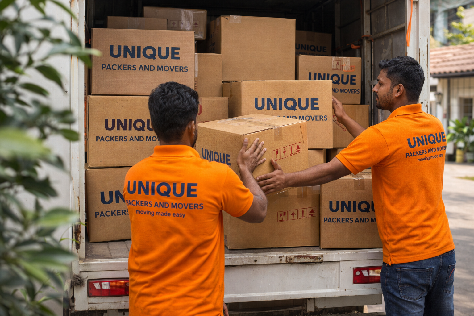 Professional movers packing home